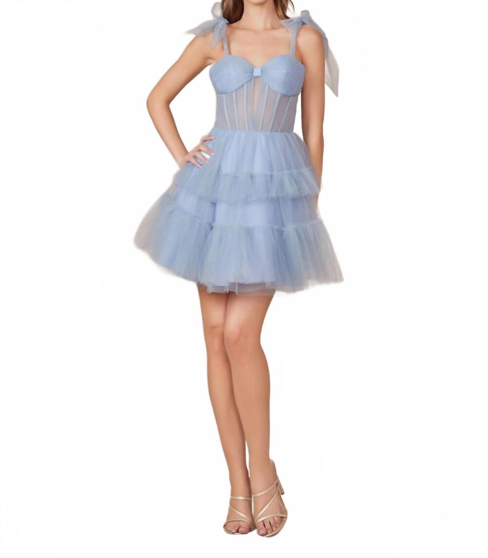 NEW NOX ANABEL short sleeveless tiered a-line prom dress in dusty blue